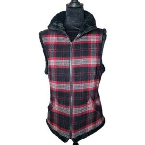 Woolrich Vest Womens S Black Red Plaid Faux Fur Lined Pockets Wool Blend Cozy